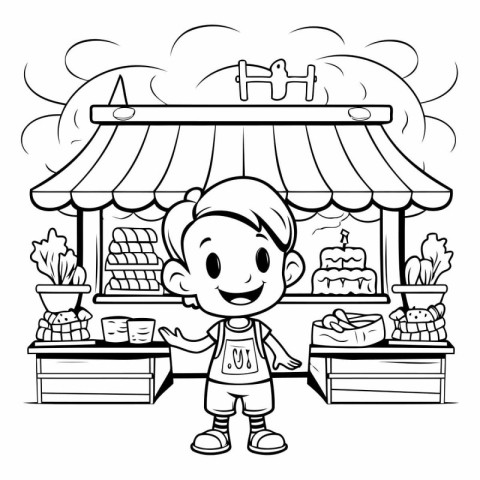 Black and White Cartoon Illustration of Little Girl Selling Bake