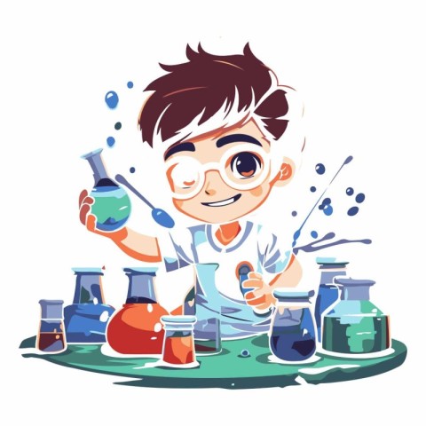 Cute little boy making science experiments in cartoon style.