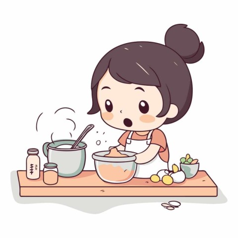 Illustration of a Cute Little Girl Cooking in the kitchen.