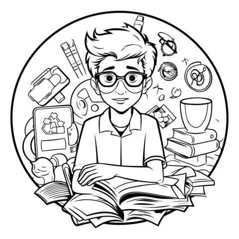 Cute boy with glasses reading a book. Black and white vector ill