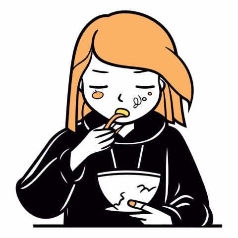 Illustration of a woman eating a bowl of soup on a white backgro