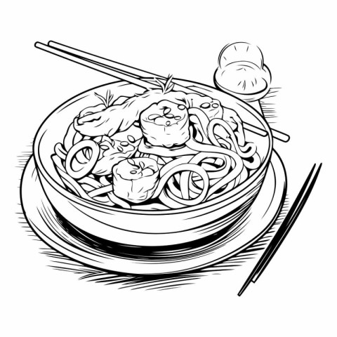 Illustration of a bowl of Asian noodle with chopsticks.