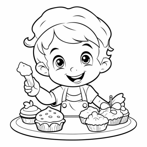 Black and White Cartoon Illustration of Cute Little Boy Chef wit