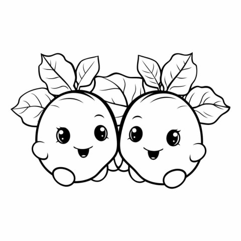 cute couple of apples with leafs kawaii characters vector illust