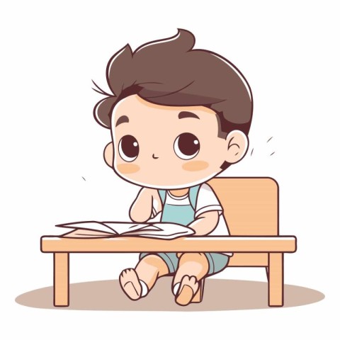 Cute little boy reading a book sitting on the table vector illus