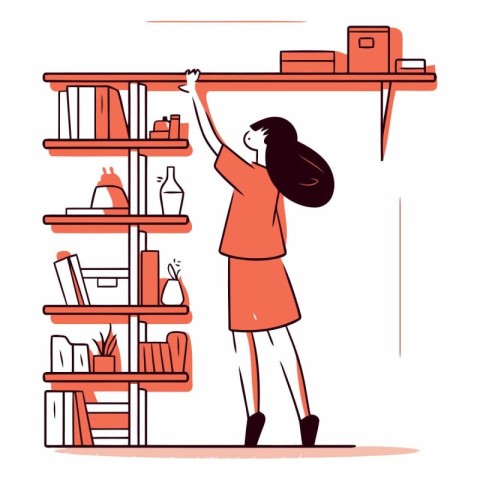 Vector illustration of a woman standing near bookshelf in the of