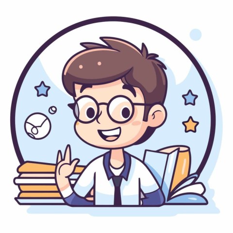 Cute schoolboy with books in cartoon style.