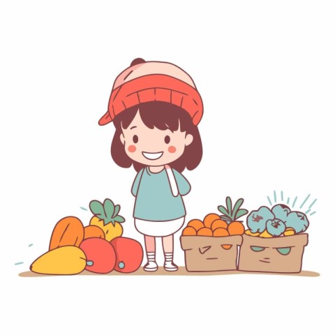 Cute little girl picking fruits in the market.