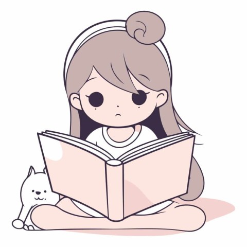 Cute little girl reading a book with cat.