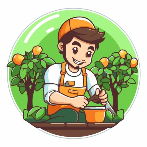 Vector illustration of a gardener in apron peeling an orange tre