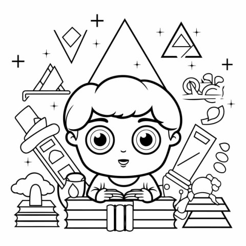 Black and White Cartoon Illustration of Kid Reading Book Colorin