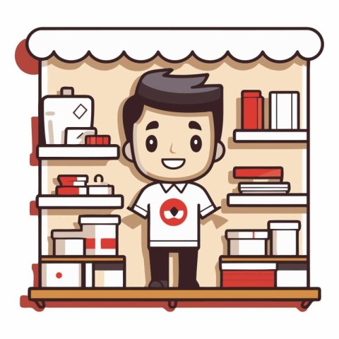 Cartoon boy standing in a shelf with books.