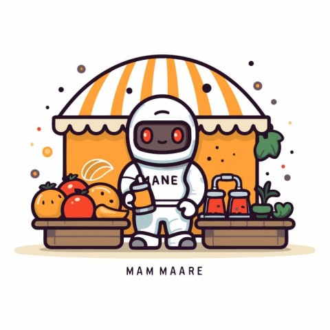 Vector illustration of a cute robot selling fresh fruits and veg