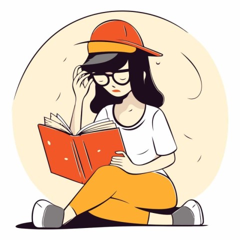 Young woman reading a book in a flat style.