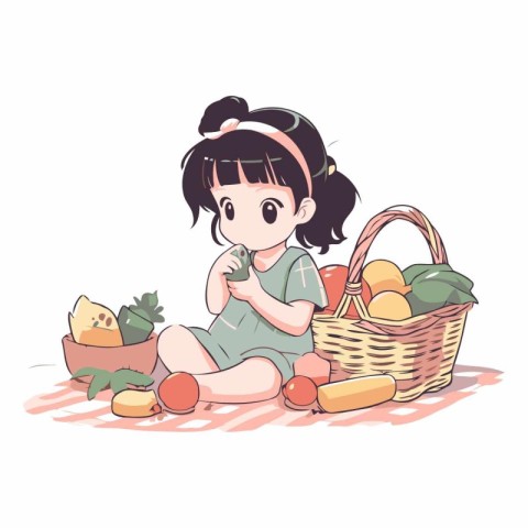 Illustration of a cute little girl with a basket full of fruits