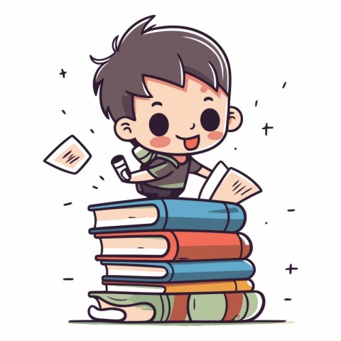 Boy reading a book on stack of books. Vector cartoon illustratio