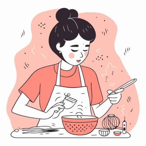 Young woman cooking in a flat style. Girl in the kitchen.