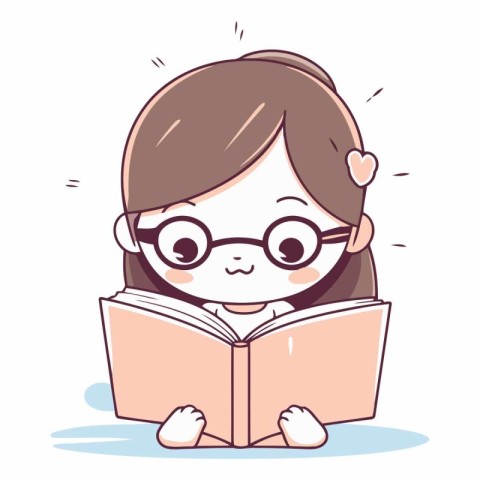 Cute little girl reading a book in cartoon style.