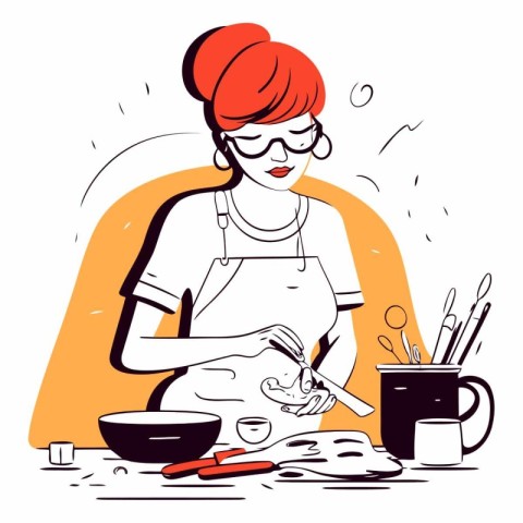 Young woman cooking in the kitchen. sketch for your design