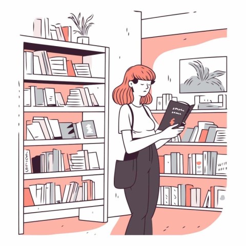 Woman reading book in library in doodle style