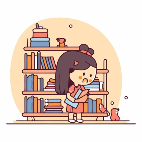 Girl reading a book in the library. Flat style vector illustrati