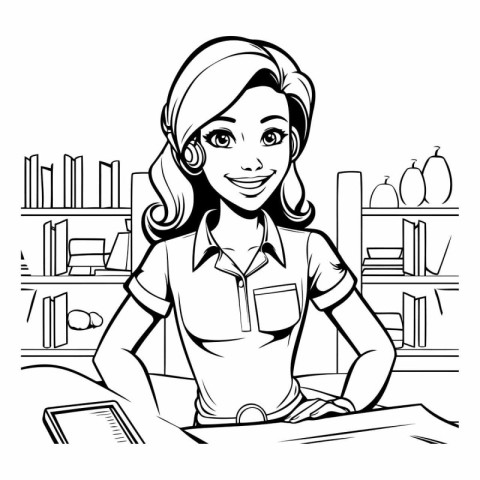 Black and White Cartoon Illustration of Young Woman Working at t