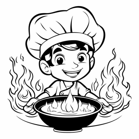 Black and White Cartoon Illustration of Little Boy Chef Cooking