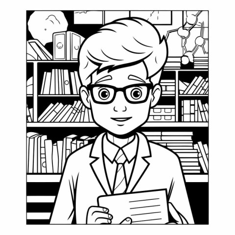 Young man in library. Black and white illustration for coloring