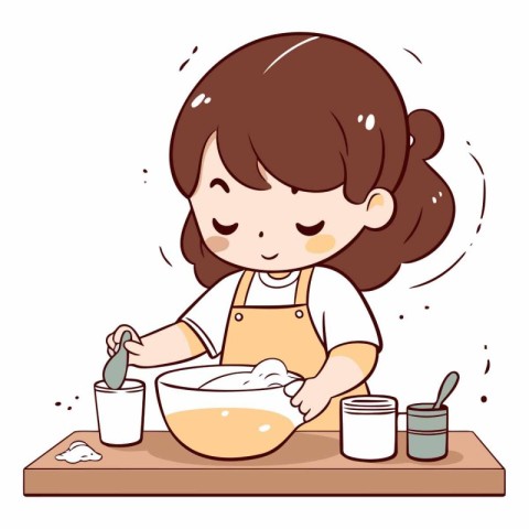 Illustration of a Cute Girl Mixing Ingredients in a Bowl