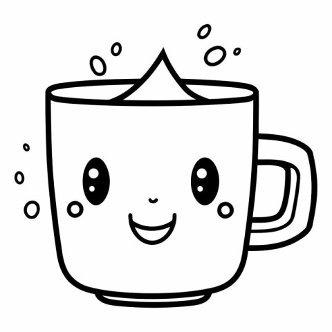 Coffee mug with smiling face in doodle style.