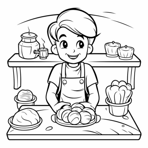 Black and White Cartoon Illustration of Little Boy Cooking Pastr