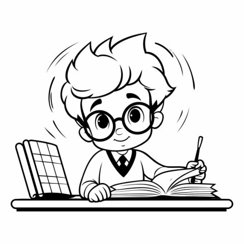 Schoolboy in glasses with books and a laptop.