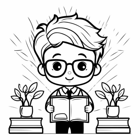 Boy Reading a Book - Black and White Cartoon Illustration. Vecto