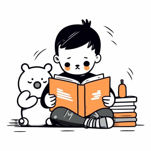 Boy reading a book with a teddy bear.