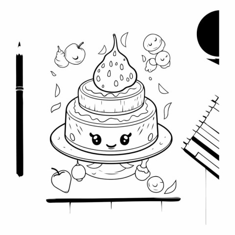 Black and White Cartoon Illustration of Cute Birthday Cake for C