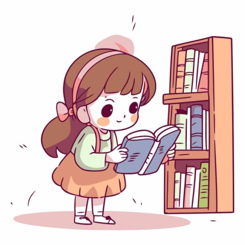 Cute little girl reading a book in library.