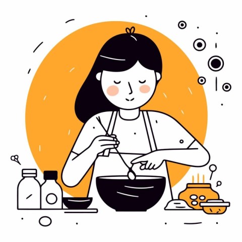 Young woman cooking in the kitchen in flat style.