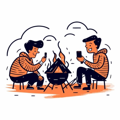 Vector cartoon illustration of two men sitting at the campfire a