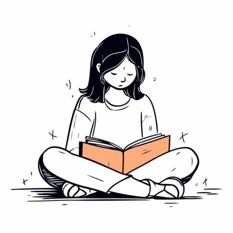 Girl reading a book in doodle style.