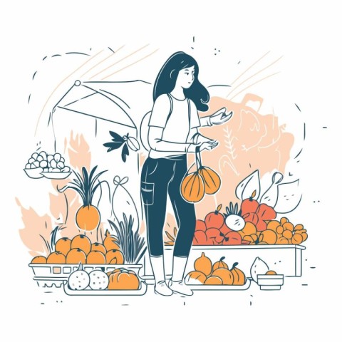 Vector illustration of a woman buying fruits on the market in au