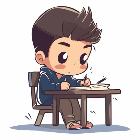 Boy sitting at the table and writing in notebook.