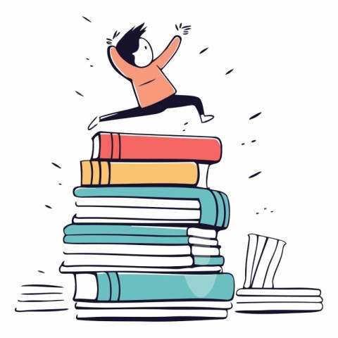 illustration of a man jumping on a pile of books. concept of edu