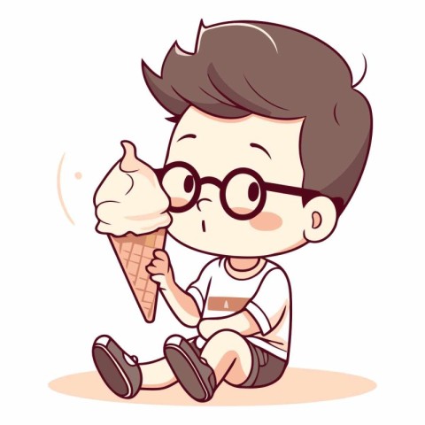 Cute boy eating ice cream in cartoon style.