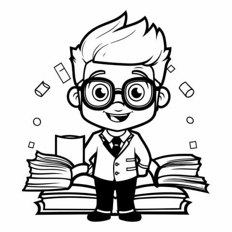 Black and White Cartoon Illustration of a Boy Student with Books