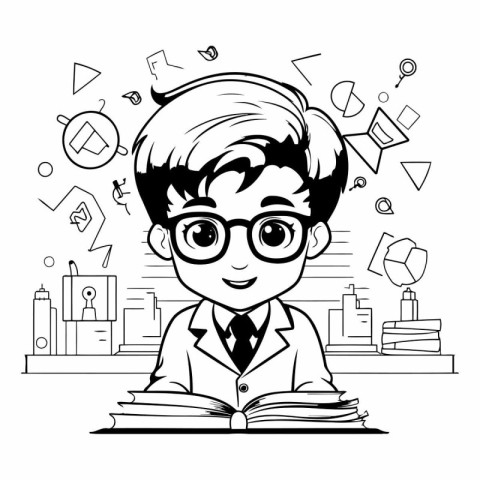 Boy with glasses reading a book. Black and white vector illustra