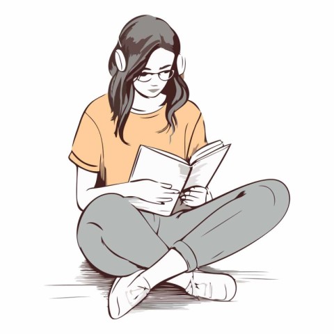 illustration of a girl reading a book on a white background.