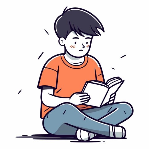 Boy reading a book in doodle style.