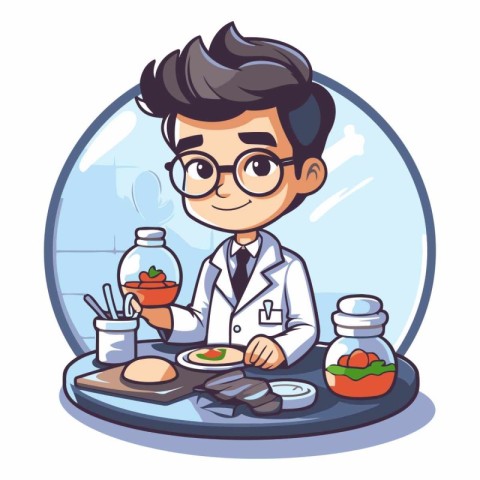 Scientist with food in the glass bowl. Cartoon vector illustrati