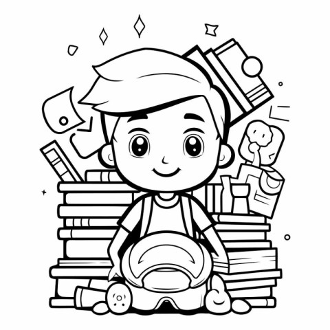 Black and White Cartoon Illustration of Kid Boy Studying or Lear