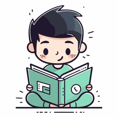 Cute boy reading a book in cartoon style.